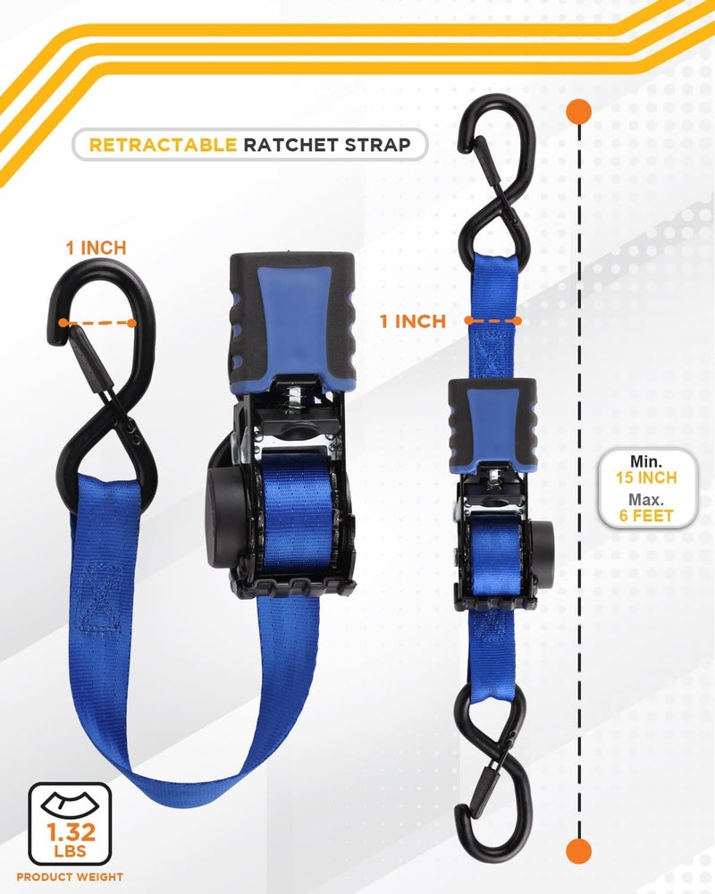 Strapinno 4 Pack Auto Retractable Ratchet Straps Bundle -1 in x 6 ft, 1500 LBS Break Strength Each, Heavy Duty Tie Down Straps for Cargo Securing, Weather Resistant Safety S-Hooks, Blue Strap - Image 2